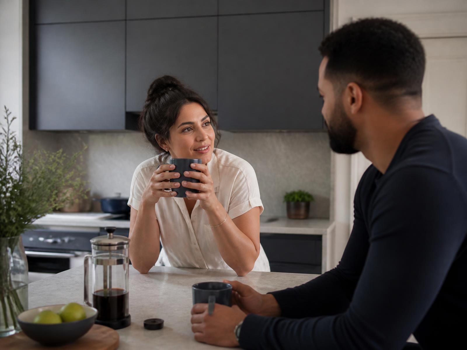 A couple talking over coffee at the island of their modern kitchen
